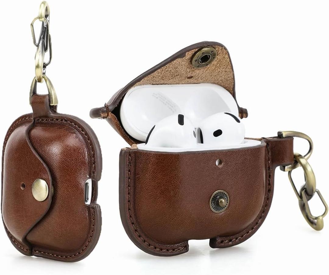 Hiram Full Grain Leather AirPods 4 Case Cover, Wireless Bluetooth Earphone Protective Holder Compatible with Airpods 4th Generation 2024, with Keychain Hook and Metal Snap (Brown)