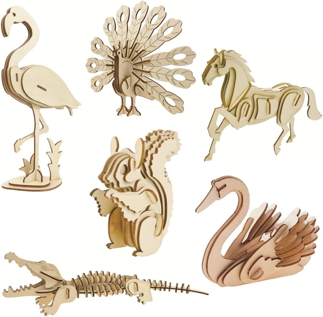 3D Wooden Wild Animal Puzzle - 6 Piece Set Wood Wild Animals Skeleton Assembly Model Kits - Wooden Crafts DIY Brain Teaser Puzzle - STEM 3D Puzzle Gifts for Adults & Teens