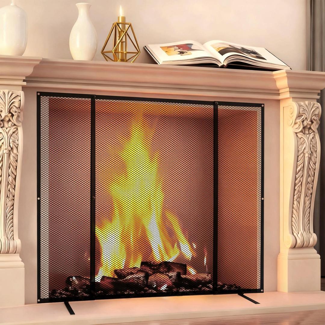 Fireplace Screen 36.6" Wide X 28" High Forged Iron Metal Decoration Fireproof Mars Protective Cover Fireplace Safety Fireproof Net Protective Cover