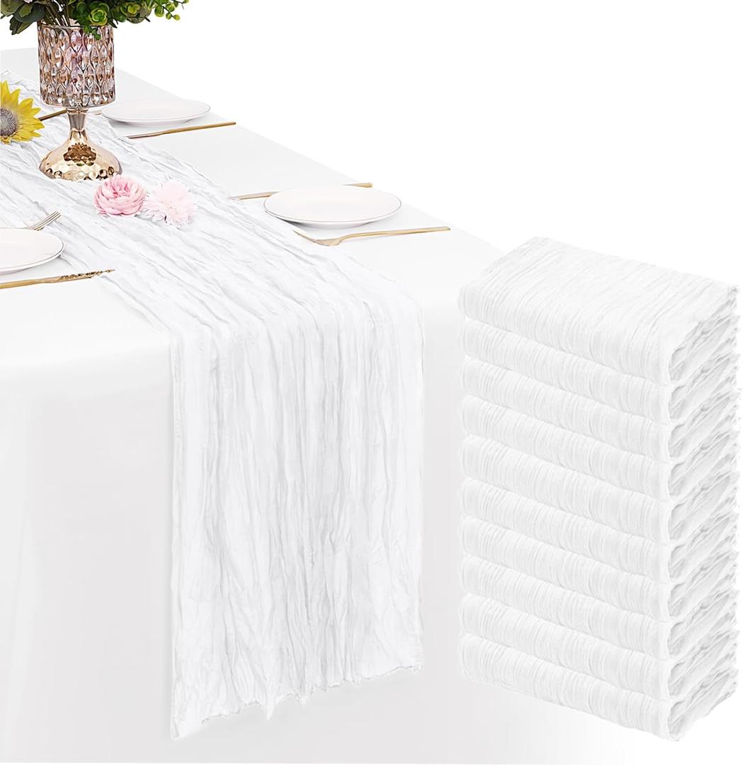 10 Pack White Cheesecloth Table Runner Gauze Rustic Sheer 35 x 70 inch White Cheese Cloth Table Runners for Wedding Party Bridal Shower Decor