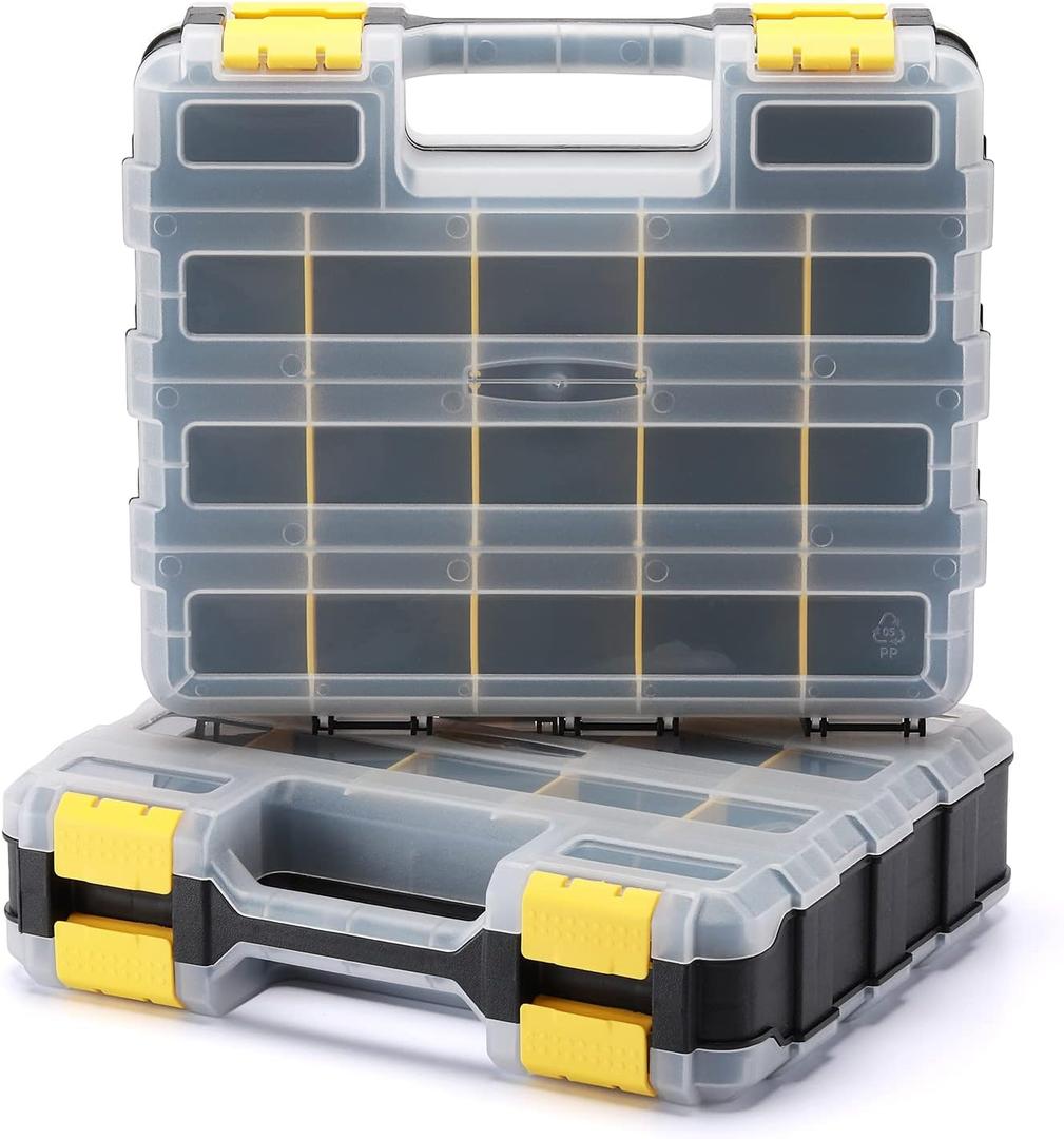 EMENTOL 2PCS Double Side Tool Organizer with Customizable/Removable Plastic Dividers, Hardware Box Storage for Screws, Nuts, Nails, Bolts, 34-Compartment, Black/Yellow