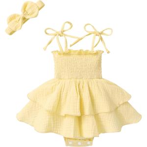 YOUNGER TREE Baby Girl Clothes Infant Summer Romper Dress Sleeveless Bodysuit Jumpsuit with Headband Toddler Outfits (Yellow, S) 3-5M