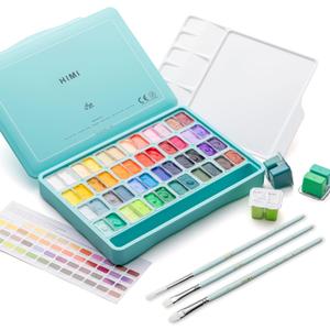 HIMI Twin Cup Jelly Gouache Paint Set with 3 Paint Brushes, 48 Colors 12g, Jelly Cup Design, Non Toxic Paint for Canvas and Paper, Art Supplies for Professionals (Green Case)