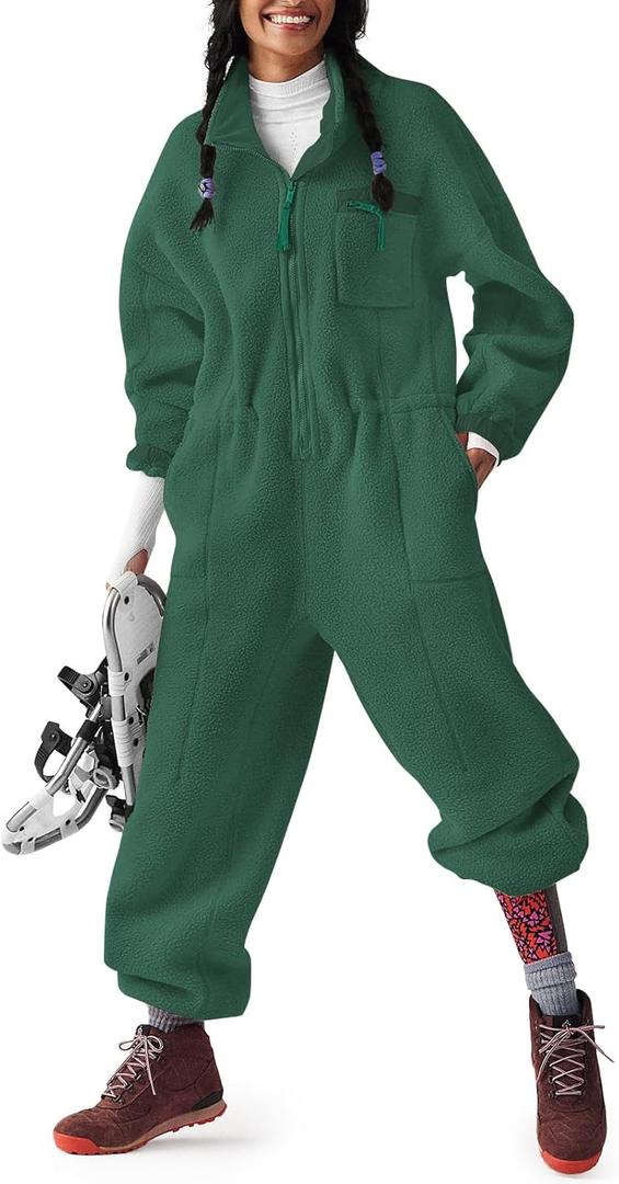 Yousify Fleece Overalls for Women Onesie Ski Jumpsuits Winter Casual Loose Long Sleevs Snow Suits with Pockets Army Green S