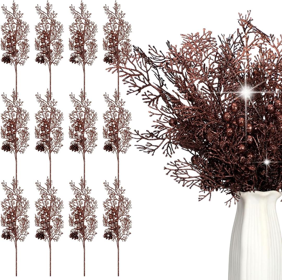 Tigeen 12 Pcs Christmas Tree Picks Bulk Artificial Christmas Tree Filler Glitter Berries Stems Branches Floral Decorations 15.75'' Xmas Sprays Twigs Berry Picks for Vase (Brown)
