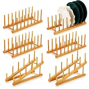 3 Pcs Bamboo Dish Rack 8 Slots Wooden Plates Rack Drying Organizer for Cabinet Classroom Book Organize Pot Lid Holder Bowl Cup Cutting Board Wood Display Stand for Kitchen Cabinet Storage Organizer