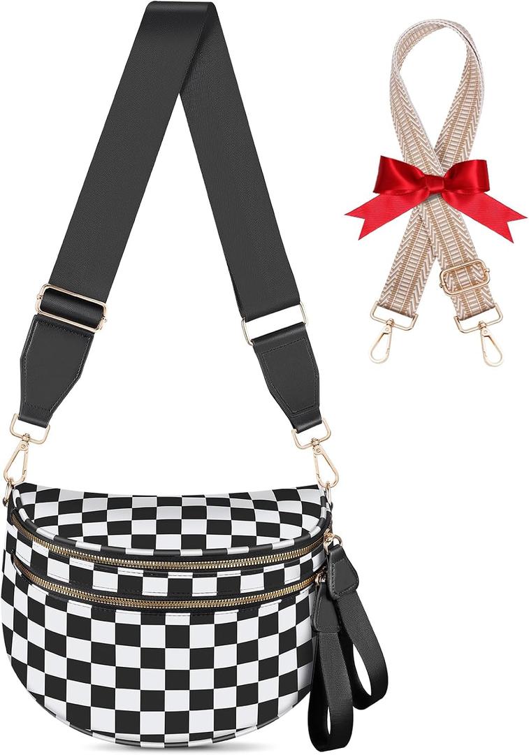 Bum Bags for Women Checkered Crossbody Bag Large Nylon Belt Purse Fanny Packs, Bonus with a Extra Strap (Black and White Checkered(No Wallet))