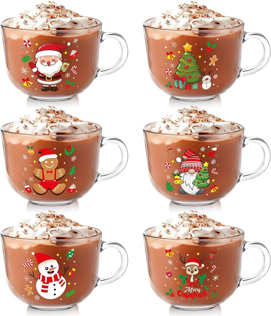 Vesici 6 Pcs Christmas Glass Coffee Mugs with Handle 16 oz Clear Christmas Glasses Winter Xmas Glass Mugs Santa Claus Snowman Cups Xmas Gift for Women Men Beverage Milk Hot Chocolate (Multi Style)