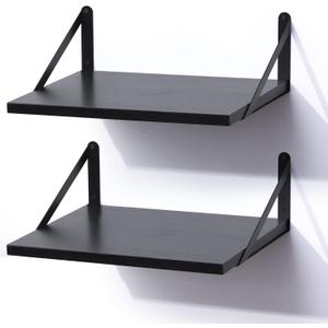 Marsmiles Black Floating Shelves for Wall, 12 Inch Deep Wood Wall Mounted Shelves Set of 2, 16W x 12D Wide Floating Wood Shelves for Bathroom Bedroom Kitchen Living Room, Black