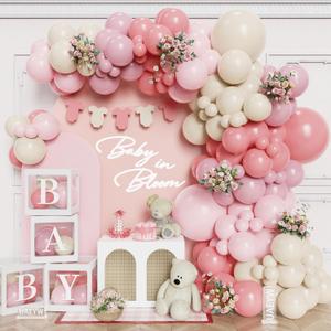 144Pcs Boho Baby in Bloom Balloon Arch Kit, Baby Shower Decorations, Vintage & Dusty Pink Sandy White Balloons with BABY Letter Boxes, Boho Floral Party Supplies for Baby Shower Gender Reveal Birthday