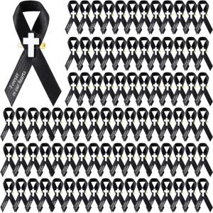 Geosar 100 Pcs Cross Funeral Memorial Ribbons Pins Memorial Service Respect Ribbon Bow with Safety Pins and Cross for Mourning Remembrance Day Funeral(Black)