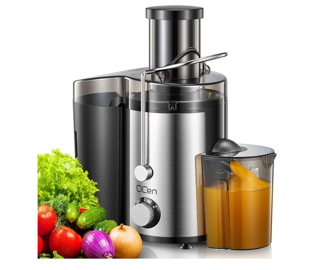 Qcen Juicer Machine, 800W Centrifugal Juicer Extractor with Wide Mouth 3” Feed Chute for Fruit Vegetable, Easy to Clean, Stainless Steel, BPA-free (Black)