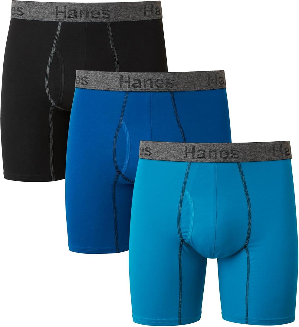 Hanes Men's Comfort Flex Fit Boxer Briefs, Ultra Soft Stretch, Long Leg & Regular Leg, 3- Pack (Medium, Blue/Black)