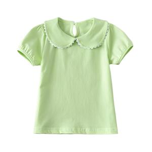 MODNTOGA Kids Baby Girl Long Sleeve Collar Shirt Toddler White Blouse Puff Short Sleeve T-Shirt Solid Color Basic Top Bottom (Green, 3-4 Years(110))