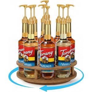 THYGIFTREE Rotating Coffee Syrup Organizer for Countertop, 9-Bottle Wooden Syrup Rack & Bottle Holder for Coffee Bar Station, Turntable Display Stand, Brown