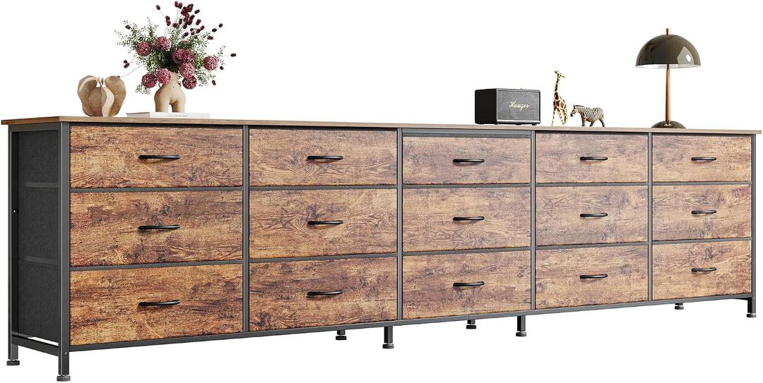 Huuger 86.6 Inch Dresser for Bedroom, TV Stand for 65, 75, 85 Inch TV, 15 Fabric Drawer Long Dresser, Large Entertainment Center for Bedroom, Wide Chest of Drawer with Storage, Rustic Brown, 11.8"D x 86.6"W x 26.8"H