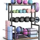 Gym Home Equipment Weight Rack  3Tier Workout Storage Stand for Dumbbells & Kettlebells, Medicine Ball Holder, 460 lb Steel Organizer with Yoga Mat Basket, Hooks, Adjustable Feet, 24 x 16 in