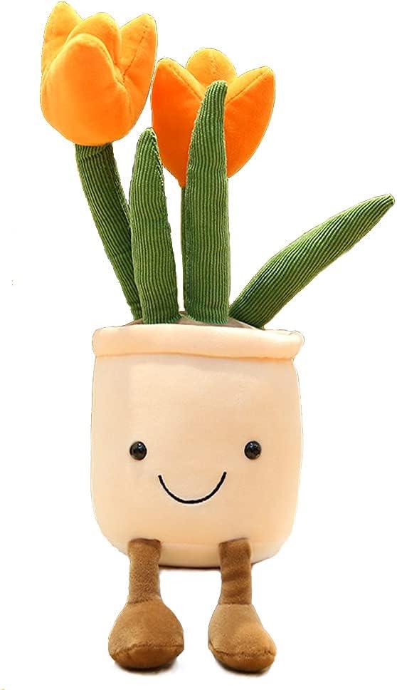 Tulip Plush Toy, 13" Orange Flower Pot Stuffed Throw Plushie Pillow Doll, Soft Fluffy Plant Friend Hugging Cushion - Present for Every Age & Occasion