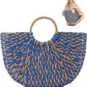Tarvione Navy Straw Purse Woven Clutch Beach Bucket Tote Bag Unlined Hobo Handwoven Summer Vacation Handbag for Women Travel Holiday(Navy Blue)