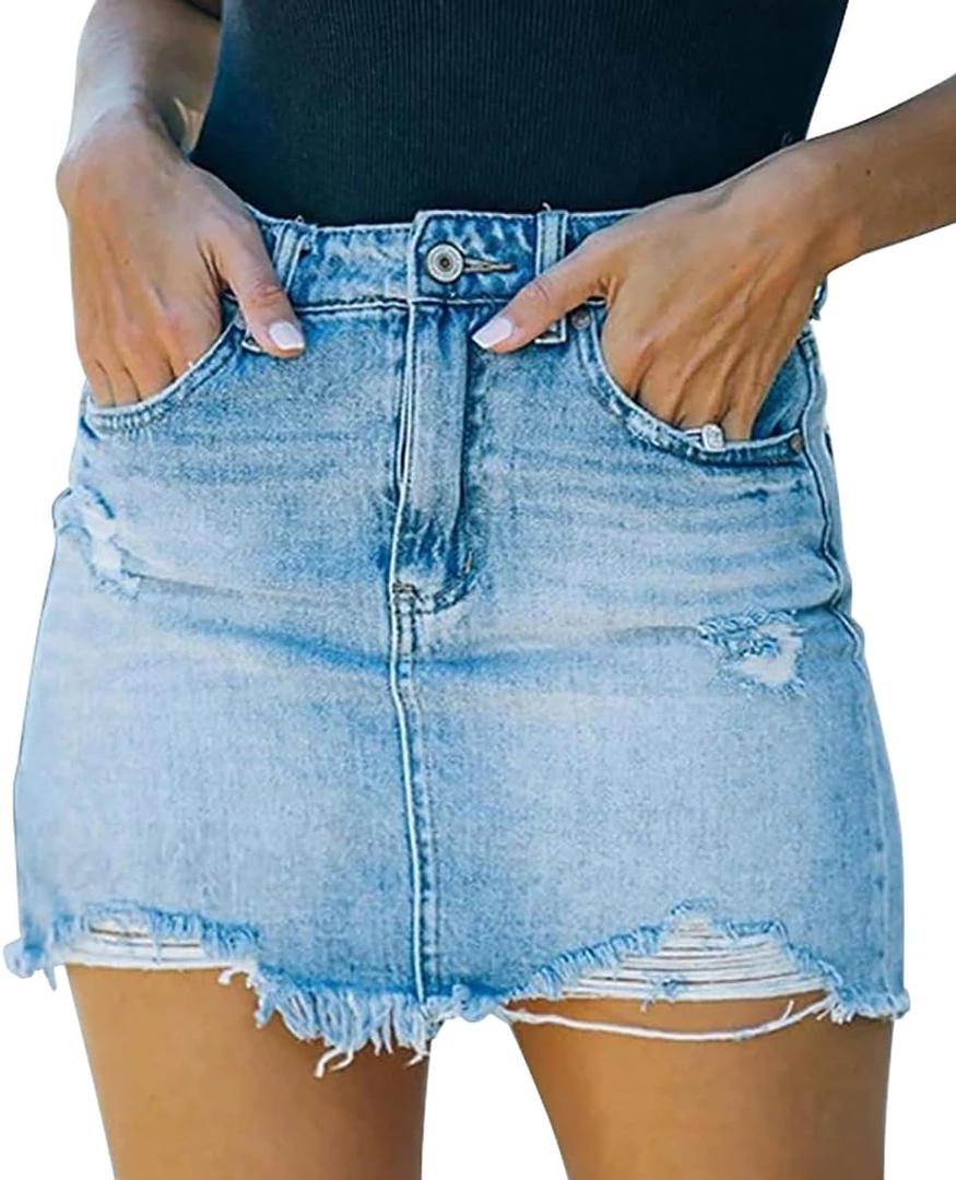 GOBLES Women's Sexy Mid Waist Zipper Closure Frayed Raw Hem Ripped Mini Denim Skirts (XX-Large, Blue)