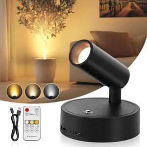 Spotlight Indoor, Wireless Battery Operated with Remote,Uplight Indoor Down Light for Picture on Wall, Plant Spotlight Dimmable Timer, Mini Ceiling Lights Painting for Trees Plant (Black)