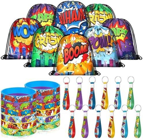 Lothee 32 Pcs Spider Party Favors Spiderweb Birthday Party Decor Drawstring Bag Goodies Bags with Rubber Bracelets Wristlet Keychain for Spiders Supplies Friends Gifts Carnival Accessories(Hero)
