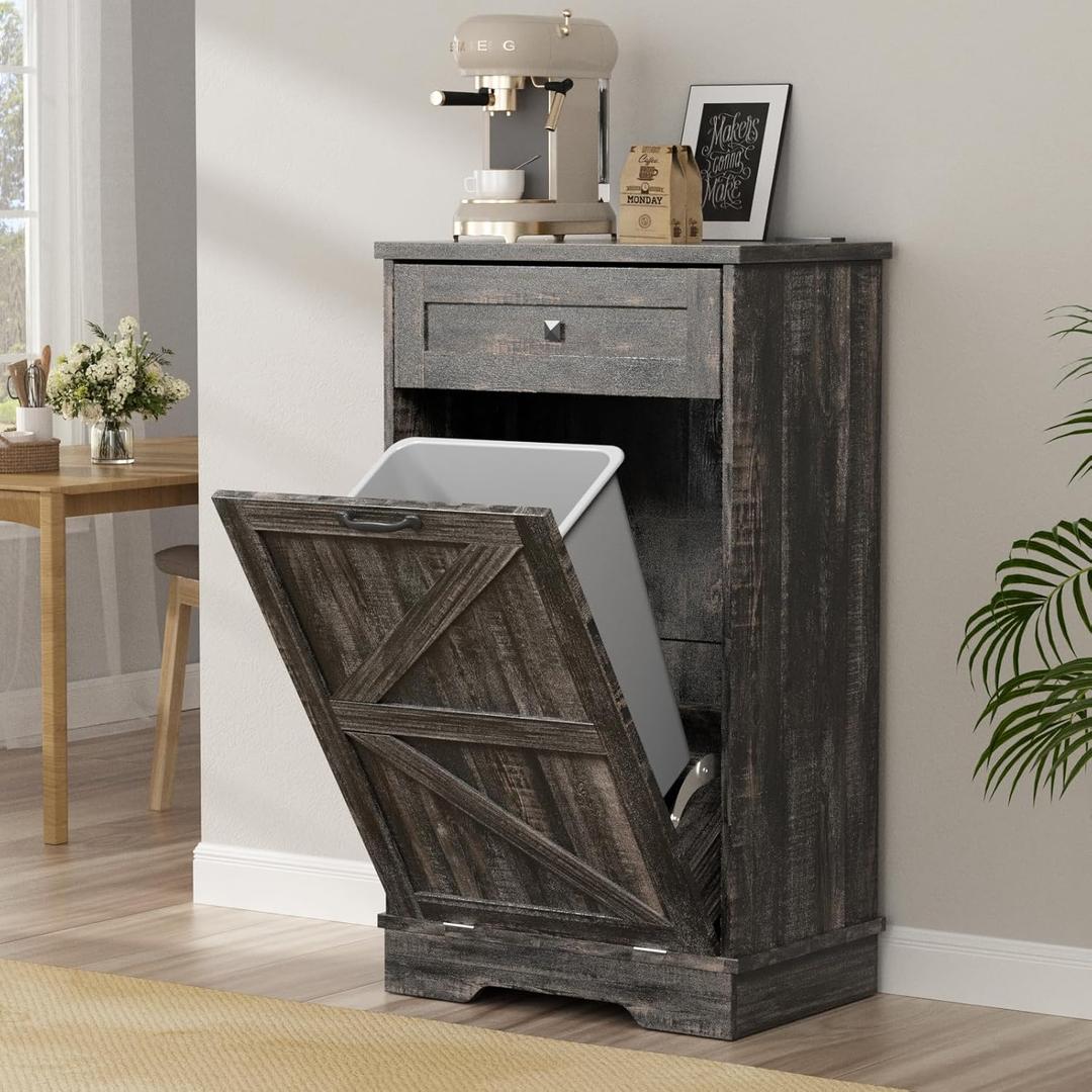 Tilt Out Trash Cabinet, Farmhouse Trash Can Cabinet w/Negative ion, Dog Proof 10 Gallon Garbage Can Cabinet for Kitchen, Bathroom, Living Room, Dark Rustic Oak