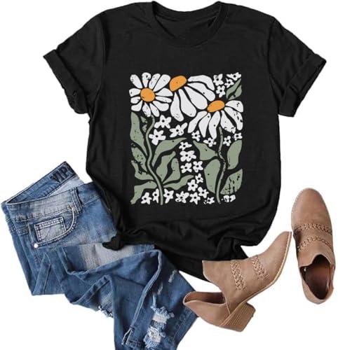 Cute Boho Floral Graphic T-Shirt for Women Vintage Daisy Wildflower Print Tee Trendy Summer Casual Tops, Size S