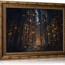 Vintage Gold Framed Enchanted Forest Wall Art, Gothic Magical Firefly Night Canvas Print Poster, Dark Academy Mystical Decor for Living Room Bedroom, Whimsical Nature Home Decoration, 24"l X 16"w