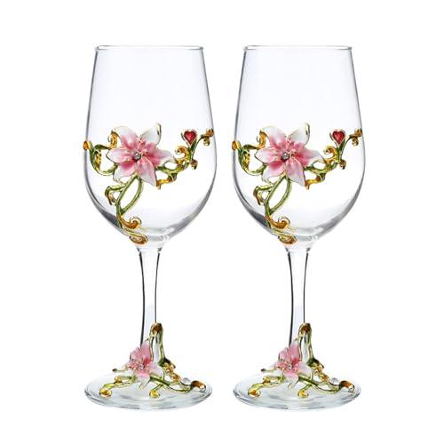 MEIGLQEA Wine Glasses Set of 2, Handcrafted Enamel Flower Red Wine Glasses Champagne Glasses Pretty Floral Goblets for Women Mom Friends Mothers Wife (Pink)