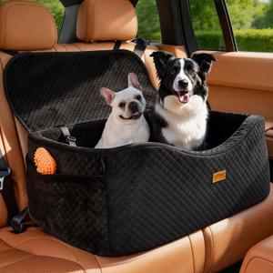 Dog Car Seat for Large Dogs up to 60 lbs or 2 Small Dogs with 4" Memory Foam, Back Seat Medium Pet Booster Seat with Triple Safety Belts, Adjustable Leashes, Detachable/Washable (Dark Black, Large)