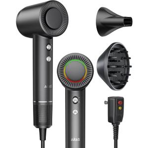 Hair Dryer, Negative Ionic Blow Dryer with 160000 RPM Professional High-Speed Blow Dryer, Brushless Motor for Fast Drying, Low Noise Thermo-Control Hairdryer with Magnetic Nozzle (Black)