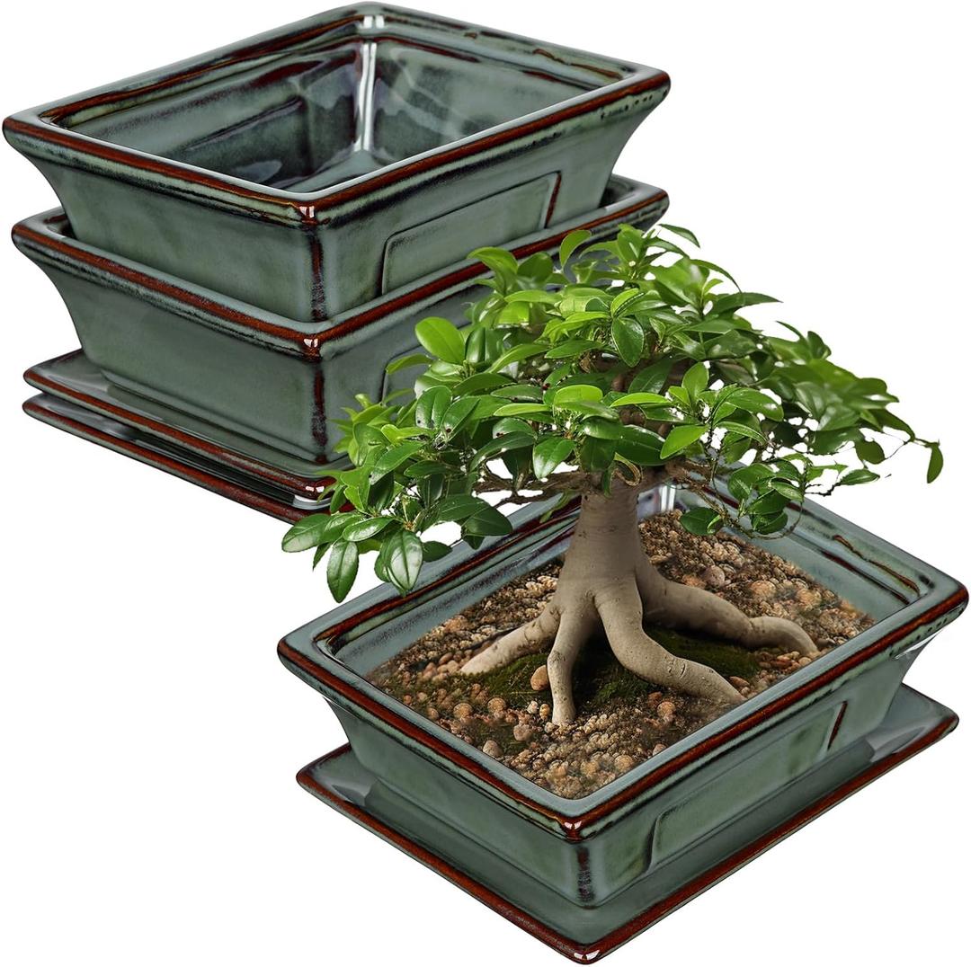 Ceramic Bonsai Pots with Drainage Tray Set of 2, 6 Inch Green Glazed Bonsai Planters for Indoor/Outdoor Use, Shallow Rectangular Bonzai Tree Pots for Succulent, Orchids, Cacti, Home, Patio, Garden (6.2"x4.5"x1.9")