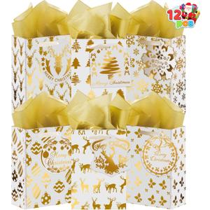 JOYIN 12 PCS Christmas Foil Gold Gift Bags with Tissue Papers and Name Card Tags, Assorted White Winter Prints for Xmas Presents Wrapping Stocking Stuffers Thanksgiving New Year(4" x 6" x 2")