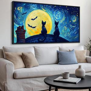 CHATYOUNG Large Framed Wall Art - Blue Starry Night Black Cat Theme Canvas Prints Picture Artwork Ready to Hang Bedroom Living Room Kitchen Home Office Painting Decor 29x58 IN (58L" x 29W")