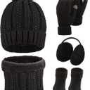 SATINIOR 5 Pcs Winter Hat Scarf Gloves Set Fleece Warm Lined Knit Beanie Hat Touch Screen Earmuff Gloves Warmer for Women(Black,Classic Style)