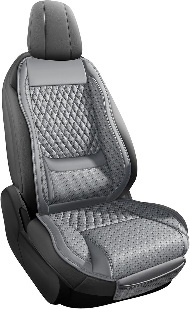Premium Perforated Napa Leather Car Seat Covers Semi Universal Fit with Lumbar Support, Storage Bag for SUV Sedan Truck (Gray, Front Row Single seat)