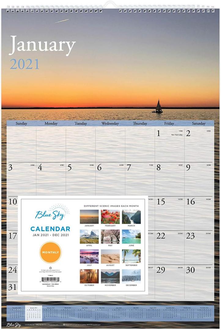 Blue Sky 2021 Monthly Wall Calendar, White Twin-Wire Binding, 15.5" x 22.75", Scenes (117890-21), 15.5"W x 22.8"H