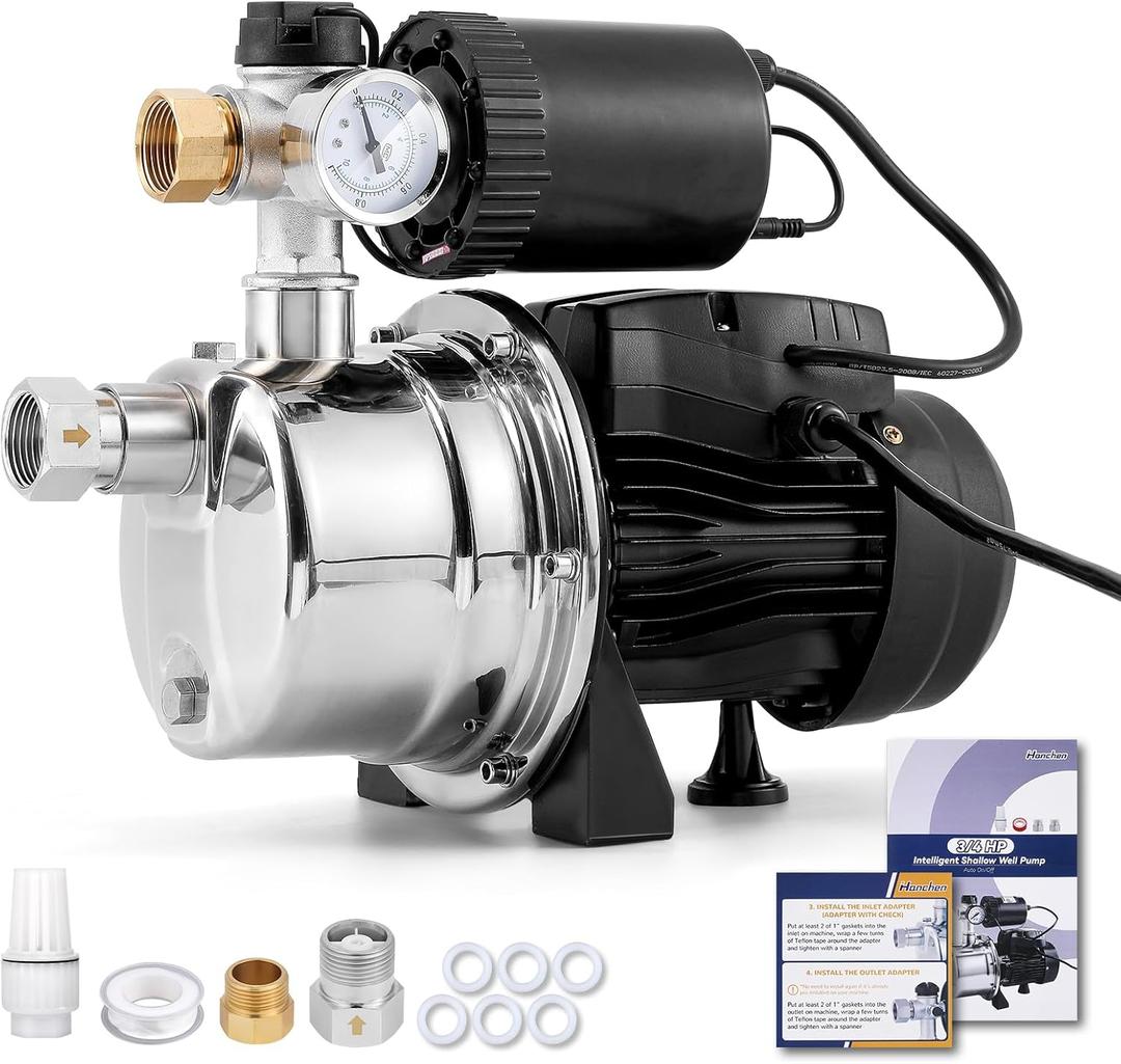 Hanchen 2-IN-1 Water Pressure Booster Pump System for Home with Pressure Tank Automatic, 1050 GPH Self-Priming Shallow Well Jet Pump 110V with Water Flow Switch Water Pressure Switch