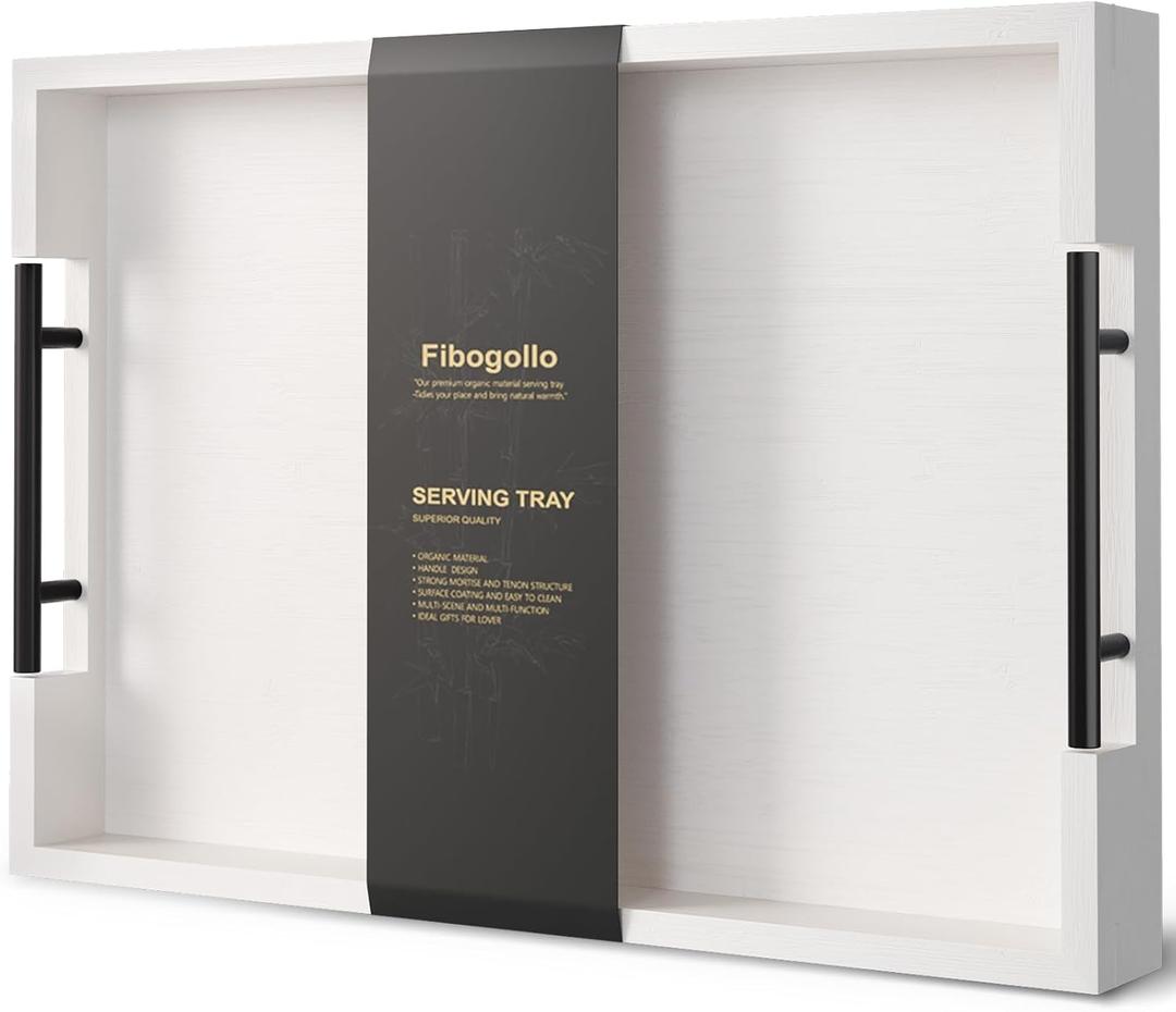 Bamboo Serving Tray with Metal Handles,17x12in Ottoman Decorative Trays Platter for Coffee Table,Living Room,Bar,Party,Large(White)