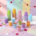 Yinkin 100 Pcs 2 oz Valentine's Day Cups Bulk Mini Conversation Heart Cups Small Plastic Candy Heart Shot Glasses with Stickers Valentine's Day Drinkware for Wedding Birthday Party Supplies