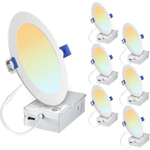 Recessed Lighting 6 inch 6 Pack 5CCT LED Recessed Ceiling Light with Junction Box 2700K-5000K Selectable 12W 110W Eqv - Ultra-Thin Dimmable Canless Downlight 1050LM High Brightness