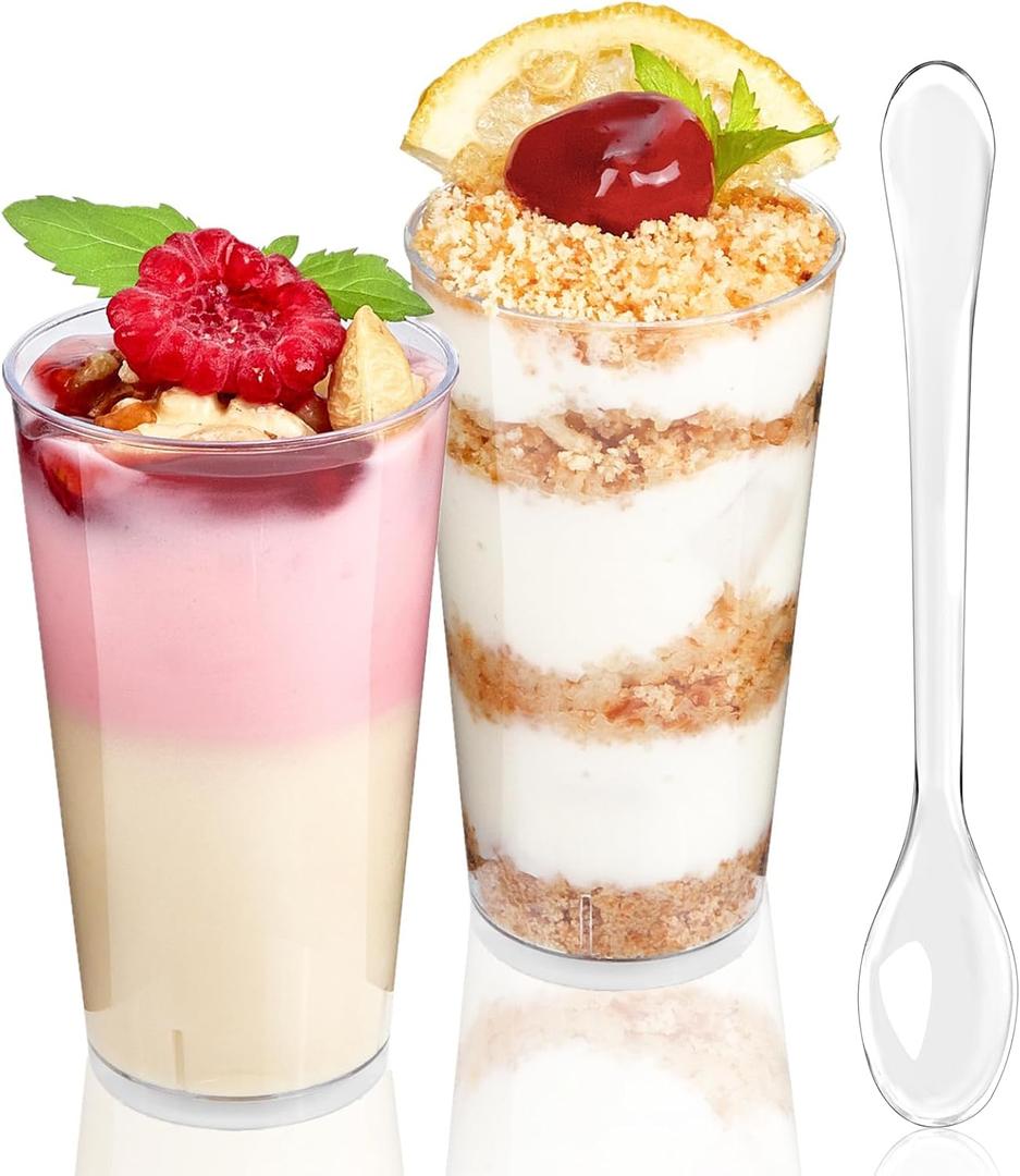 TOFLEN 100 Pack 3 oz Round Mini Dessert Cups with Spoons Clear Plastic Dessert Shooter Cups for for Party, Yogurt, Parfait, Cheesecake, Pudding, Jello and Appetizers, 100 cups + 100 spoons