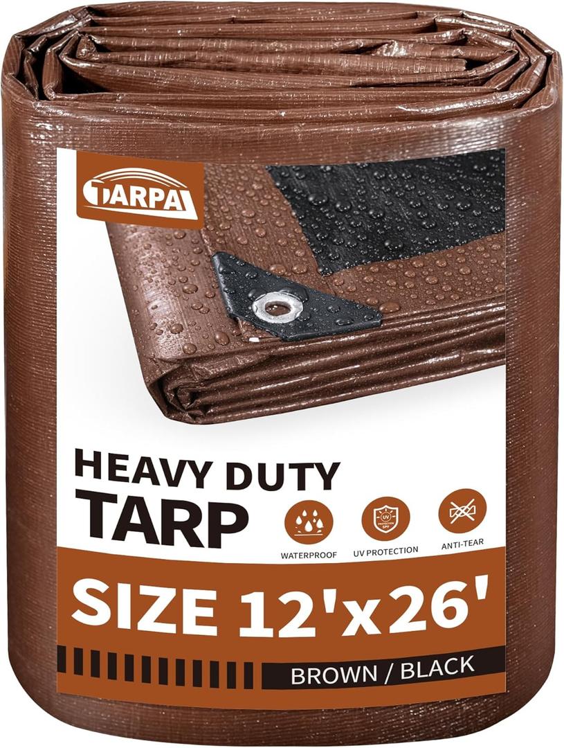 TARPAL Tarp 12x26 Feet Large Tarps Heavy Duty Waterproof 10mil Multipurpose Protective Cover Waterproof,Snow or UV Protection,Durable Reinforced Edges(Brown/Black)