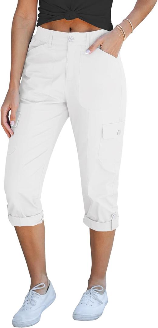 GRAPENT Cargo Capri Pants for Women High Waisted Relaxed Fit Elastic Knit Waist Casual Capris Trousers Cropped Pants (Large, Off-white)