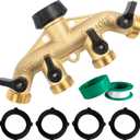 Hourleey Brass 4 Way Heavy Duty Garden Hose Splitter, Water Hose Splitter for 3/4" Hose Connector, Hose Faucet Splitter Hose Spigot Adapter 4 Valves with 4 Rubber Washers & Tape