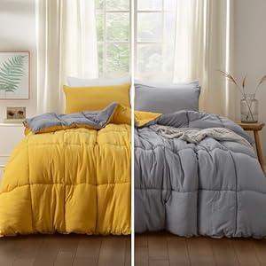 KASENTEX Queen Size Comforter Set with 2 Shams - Down Alternative Duvet Insert with Corner Ties, Reversible, Lightweight, Ultra Soft, Machine Washable, All-Season（Yellow/ Grey）