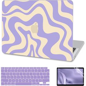 AKIT Compatible with MacBook Air 13 Inch Case M1 2022 2021 2020 2019 2018 A2337 A2179 A1932, Pattern Hard Shell Laptop Case+Screen Protector+Keyboard Cover for Mac Book Air 13.3 Inch, Violet Wave