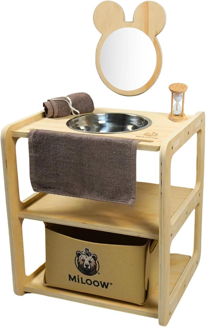 Toddler Bathroom Sink with Bear Mirror, Montessori Kids Wash Station, Wooden Kids Sink with Storage Basket, Hand Washing Station, Self Care Station, Sand Timer & Towel, Practical Life Skills
