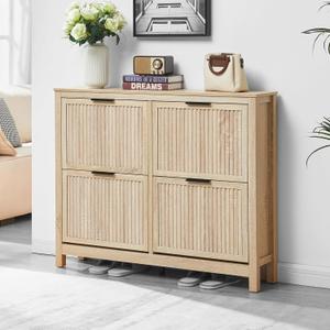 4 Flip Drawers Shoe Cabinet Storage for Entryway, Narrow Hidden Wood Shoes Organizer Cabinet Front Door Entrance Thin Free Standing Front Door Shoe Rack Storage for Entryway (Oak) (Large)